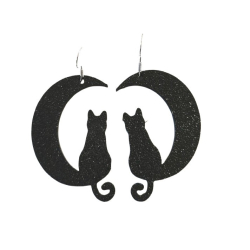 Moon Cat Earrings - Halloween Plastic Earrings with Cat on Crescent Moon